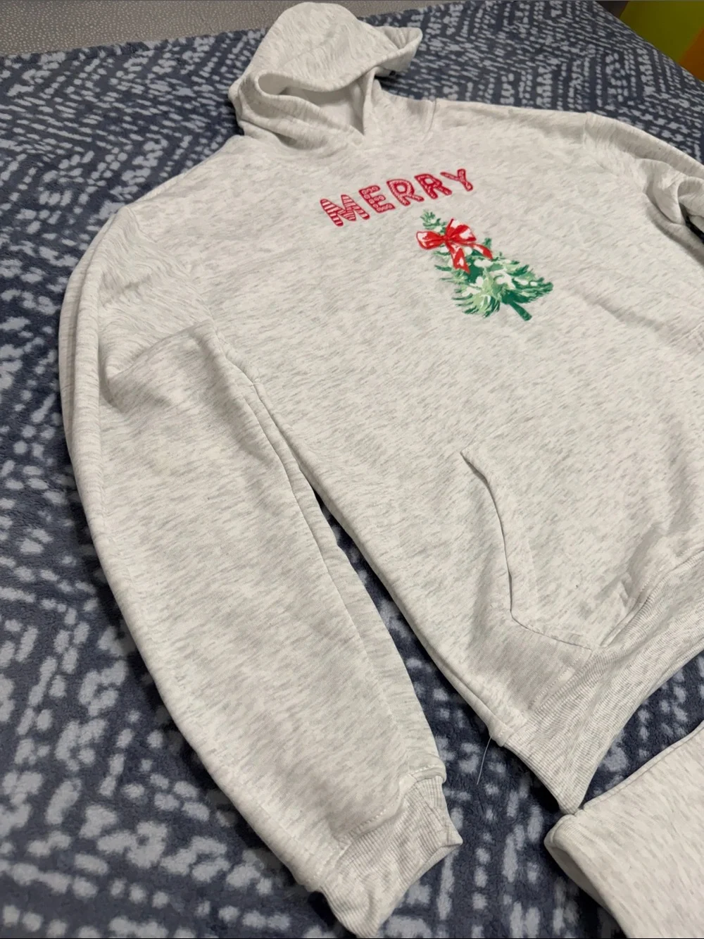Forever 21 Light Gray 'MERRY' Hoodie Set with Green Christmas Tree